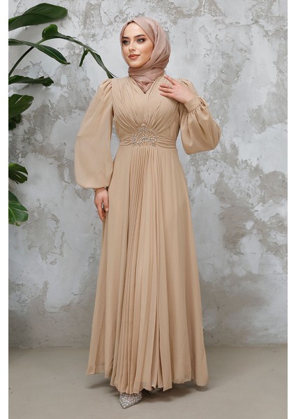 Drape Detaylı Bisküvi Tesettür Abiye Elbise 4448BS