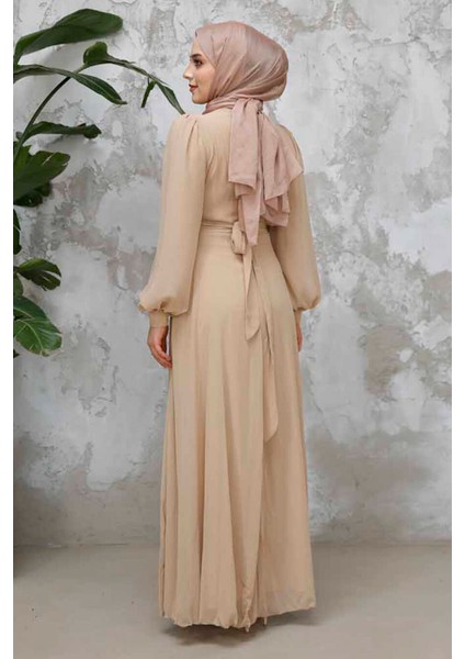 Drape Detaylı Bisküvi Tesettür Abiye Elbise 4448BS