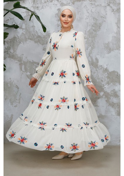 Nakış Desenli Ekru Tesettür Elbise 45541E fiyatları