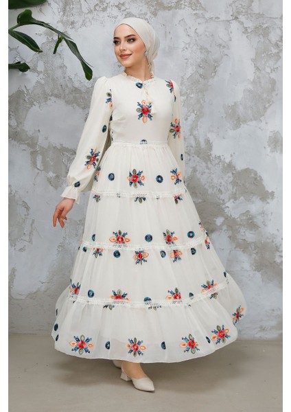 Nakış Desenli Ekru Tesettür Elbise 45541E modelleri