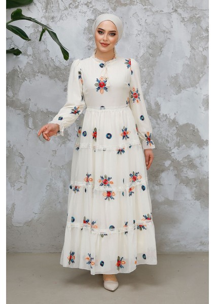 Nakış Desenli Ekru Tesettür Elbise 45541E fırsatları