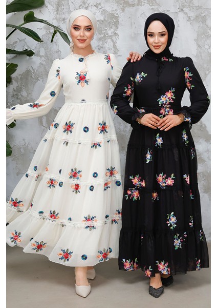 Nakış Desenli Ekru Tesettür Elbise 45541E indirimleri