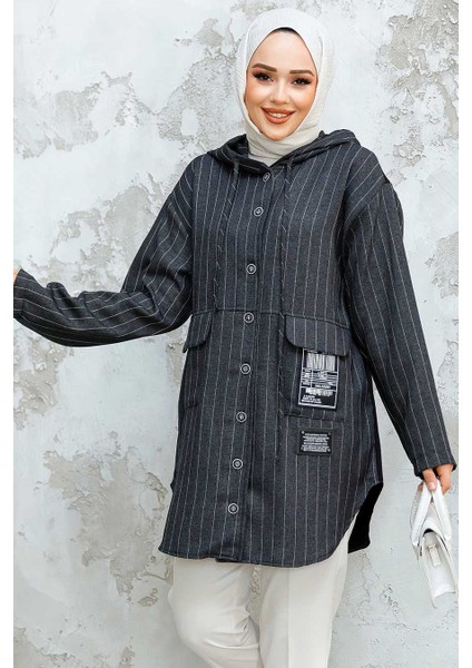 Çizgili Antrasit Tesettür Puane Tunik 10551ANT