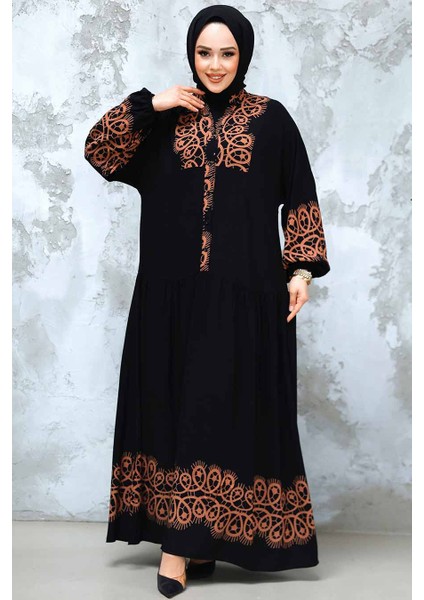 Desenli Camel Tesettür Elbise 18237C fiyatları