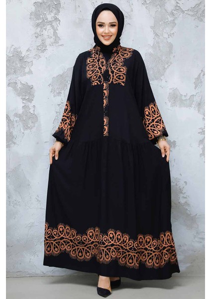 Desenli Camel Tesettür Elbise 18237C modelleri