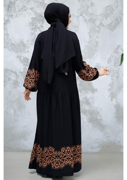 Desenli Camel Tesettür Elbise 18237C fırsatları