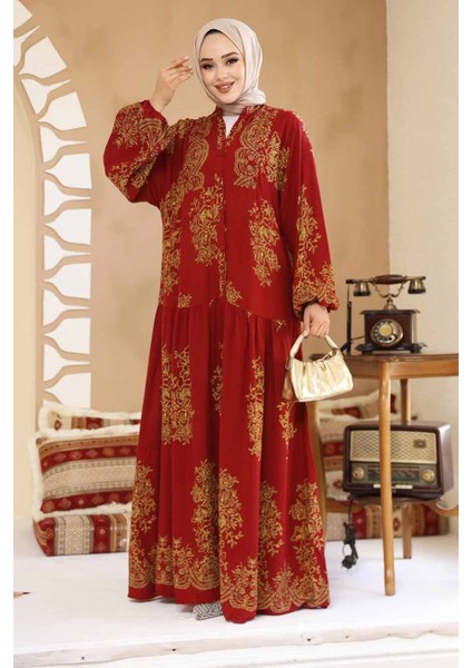 Çiçek Desenli Bordo Tesettür Elbise 18241BR modelleri