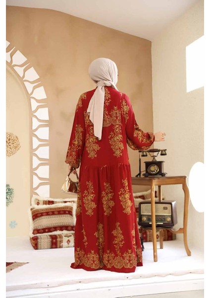 Çiçek Desenli Bordo Tesettür Elbise 18241BR fırsatları