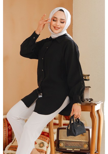 Düğmeli Siyah Tesettür Tunik 10059S