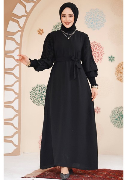 Kolları Pileli Siyah Tesettür Elbise 10124S