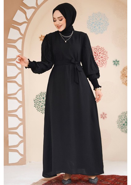 Kolları Pileli Siyah Tesettür Elbise 10124S fiyatları