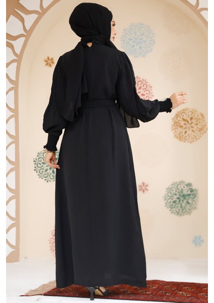 Kolları Pileli Siyah Tesettür Elbise 10124S modelleri