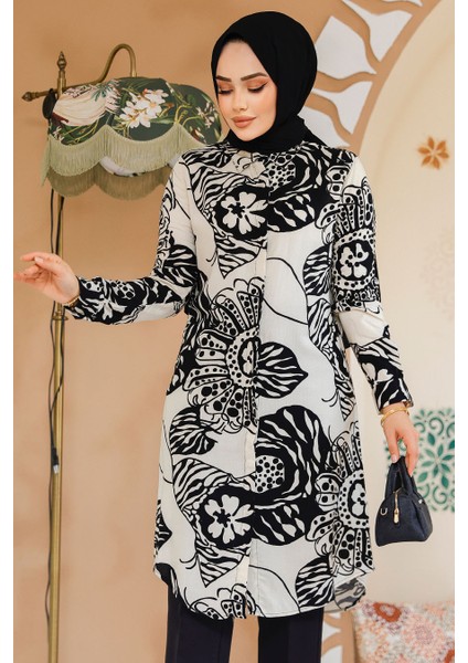 Desenli Siyah Tesettür Tunik 11712S