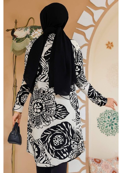 Desenli Siyah Tesettür Tunik 11712S modelleri