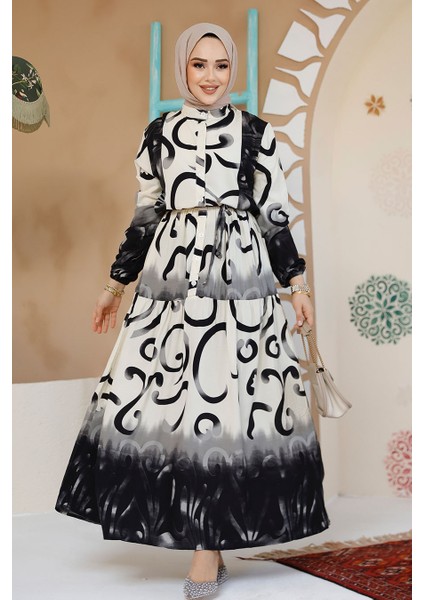 Desenli Siyah Tesettür Elbise 10208S