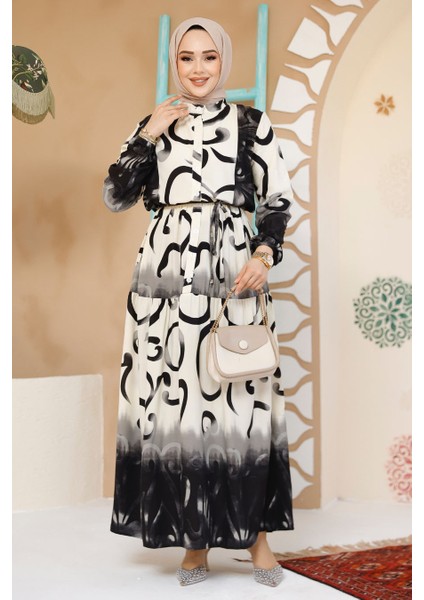 Desenli Siyah Tesettür Elbise 10208S fiyatları