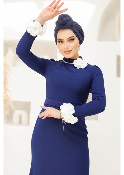 Çiçek Detaylı Lacivert Tesettür Abiye Elbise 46631L modelleri