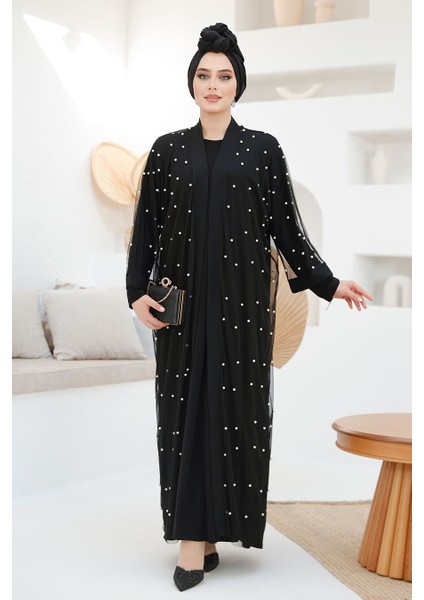 Inci Işlemeli Lacivert Tesettür Abaya Takım 42781S