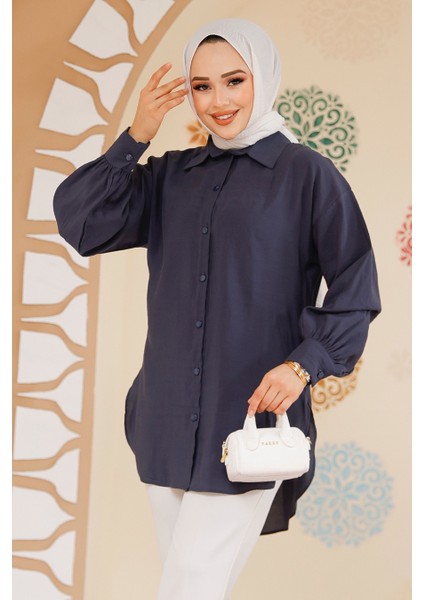 Düğmeli Lacivert Tesettür Tunik 10059L