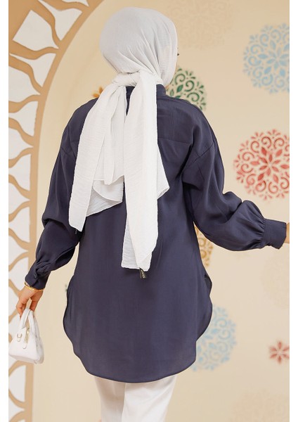 Düğmeli Lacivert Tesettür Tunik 10059L