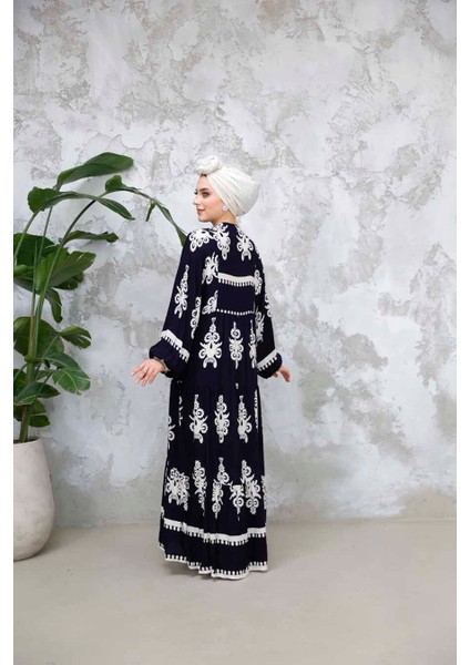 Çiçek Desenli Lacivert Tesettür Elbise 25491L modelleri