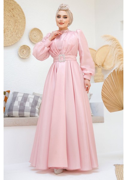 Tokalı Kemerli Pembe Tesettür Abiye Elbise 45295P fiyatları