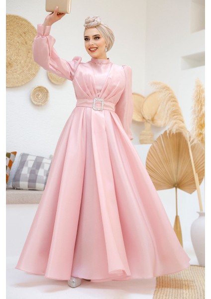 Tokalı Kemerli Pembe Tesettür Abiye Elbise 45295P fırsatları