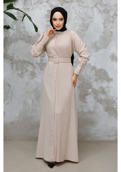 Tokalı Kemerli Bej Tesettür Elbise 65879BEJ modelleri