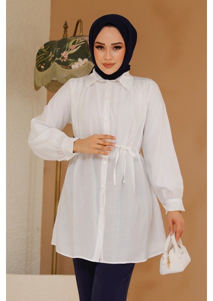 Düğmeli Beyaz Tesettür Tunik 10025B fiyatları