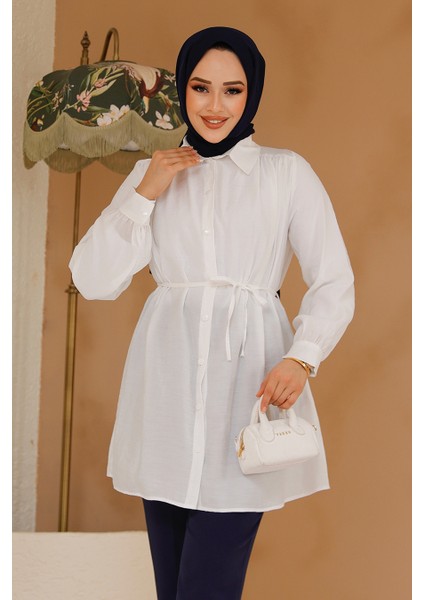 Düğmeli Beyaz Tesettür Tunik 10025B modelleri