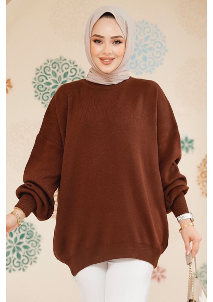 Kahverengi Tesettür Kazak Tunik 17201KH