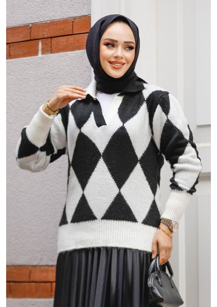 Baklava Desenli Siyah Tesettür Triko Tunik Kazak 121402S