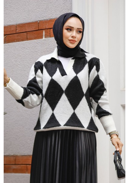 Baklava Desenli Siyah Tesettür Triko Tunik Kazak 121402S fiyatları