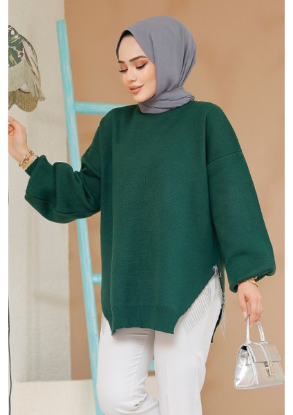 Zincir Detaylı Zümrüt Yeşili Tesettür Kazak Tunik 17202ZY fiyatları