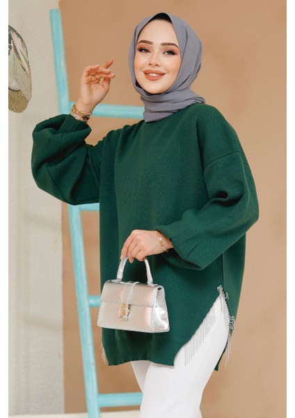 Zincir Detaylı Zümrüt Yeşili Tesettür Kazak Tunik 17202ZY modelleri