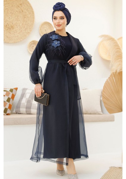 Çiçek Detaylı Lacivert Tesettür Abaya 46651L