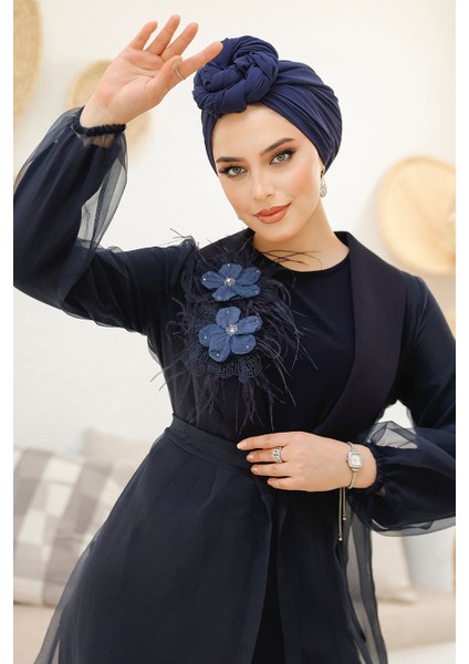 Çiçek Detaylı Lacivert Tesettür Abaya 46651L fırsatları