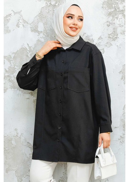 Düğmeli Siyah Tesettür Puane Gömlek 10564S