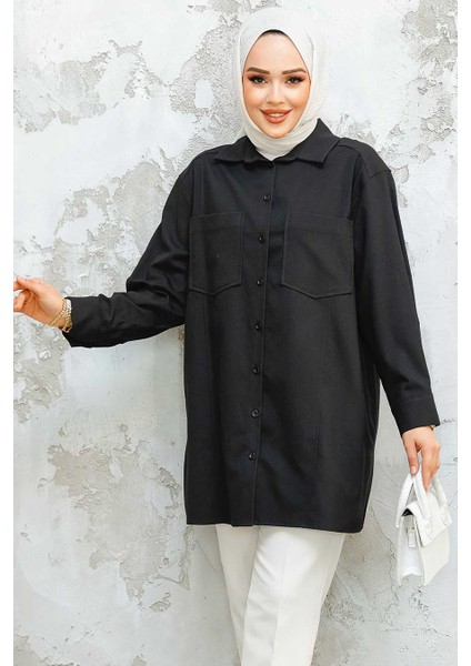 Düğmeli Siyah Tesettür Puane Gömlek 10564S fiyatları