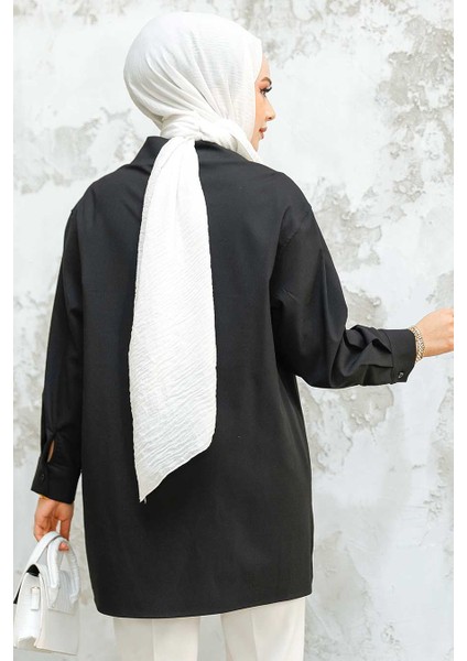 Düğmeli Siyah Tesettür Puane Gömlek 10564S modelleri
