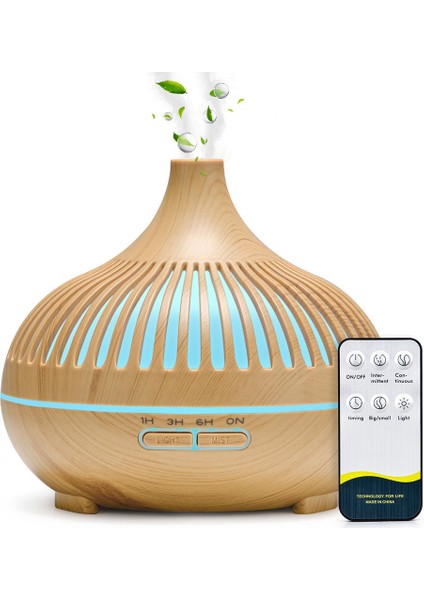 Shun Shop 500ML Aromaterapi Esansiyel Yağı Difüzör Ahşap Tahıl Uzaktan Kumanda Ultrasonik Hava Nemlendiricisi Serin 7 Renk LED Işık (Yurt Dışından)
