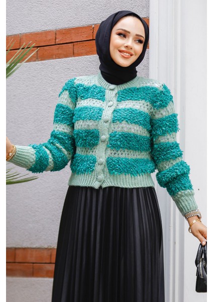Blok Geçişli Tesettür Triko Hırka 511501MINT