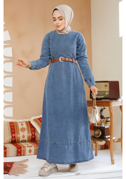 Kemerli Kot Koyu Mavi Tesettür Elbise 19130KM