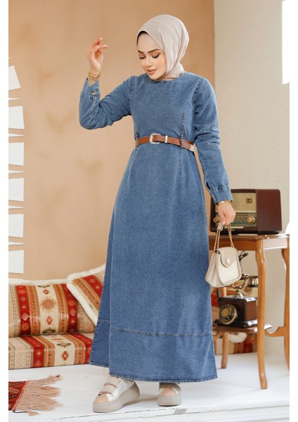 Kemerli Kot Koyu Mavi Tesettür Elbise 19130KM fiyatları