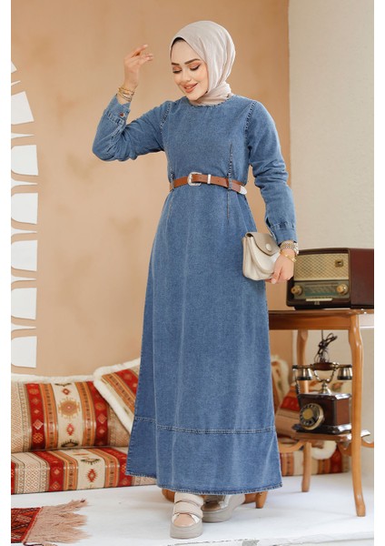 Kemerli Kot Koyu Mavi Tesettür Elbise 19130KM modelleri