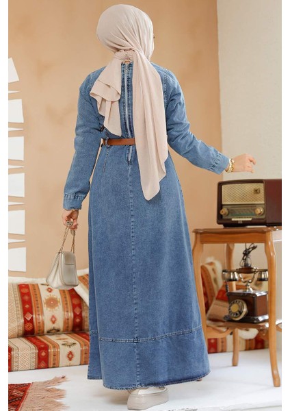 Kemerli Kot Koyu Mavi Tesettür Elbise 19130KM fırsatları