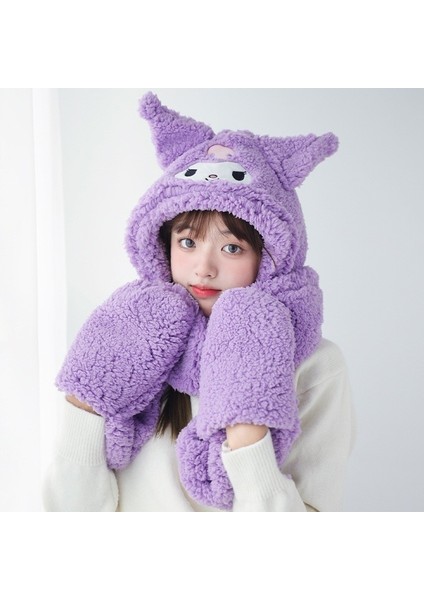 Beautifyy Sanrio Melody Kuromi Pacha Köpek Karikatür Peluş Yetişkin Pamuklu Kadife Eşarp Şapkası Üç Parçalı Set (Yurt Dışından)