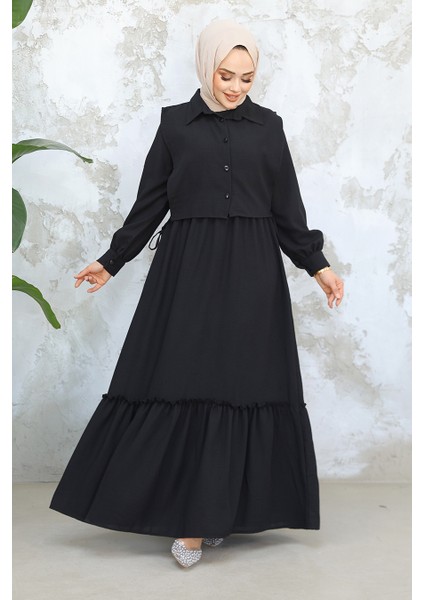 Detaylı Siyah Tesettür Elbise 30023S