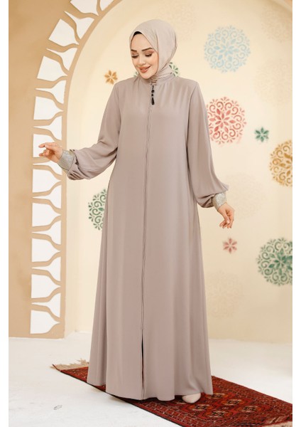 Fermuarlı Bej Tesettür Abaya 35168BEJ