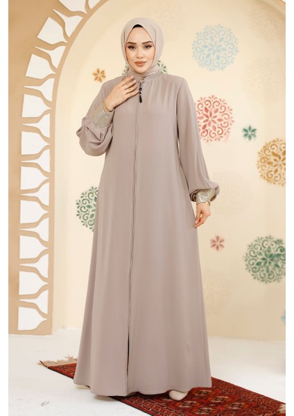 Fermuarlı Bej Tesettür Abaya 35168BEJ fiyatları